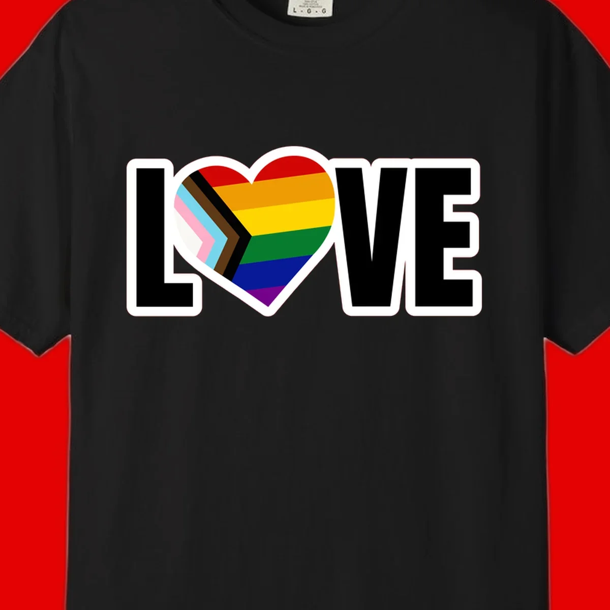 Love is love pride design featuring large black text with a rainbow heart containing the progress pride flag chevron stripes