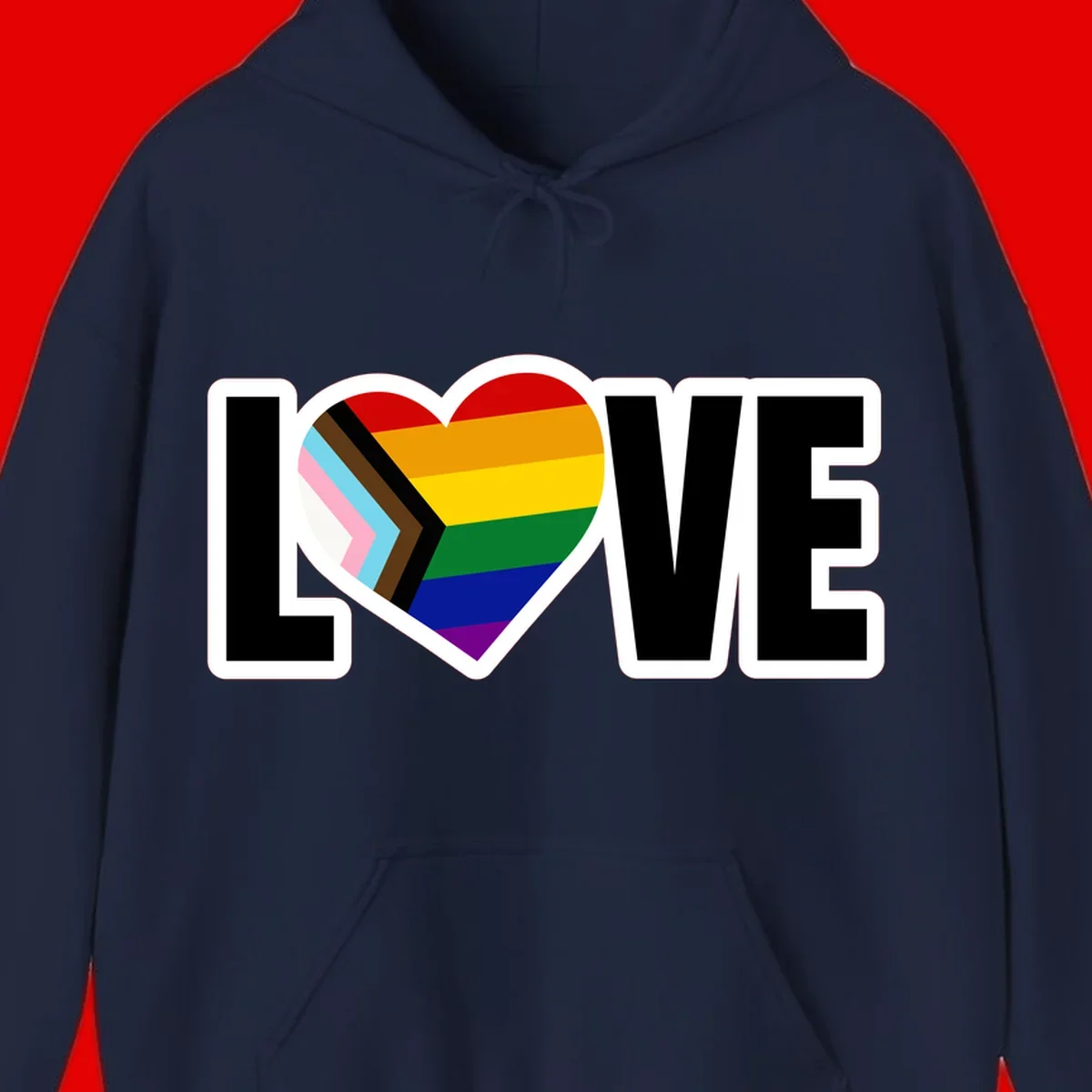 Love is love pride design featuring large black text with a rainbow heart containing the progress pride flag chevron stripes