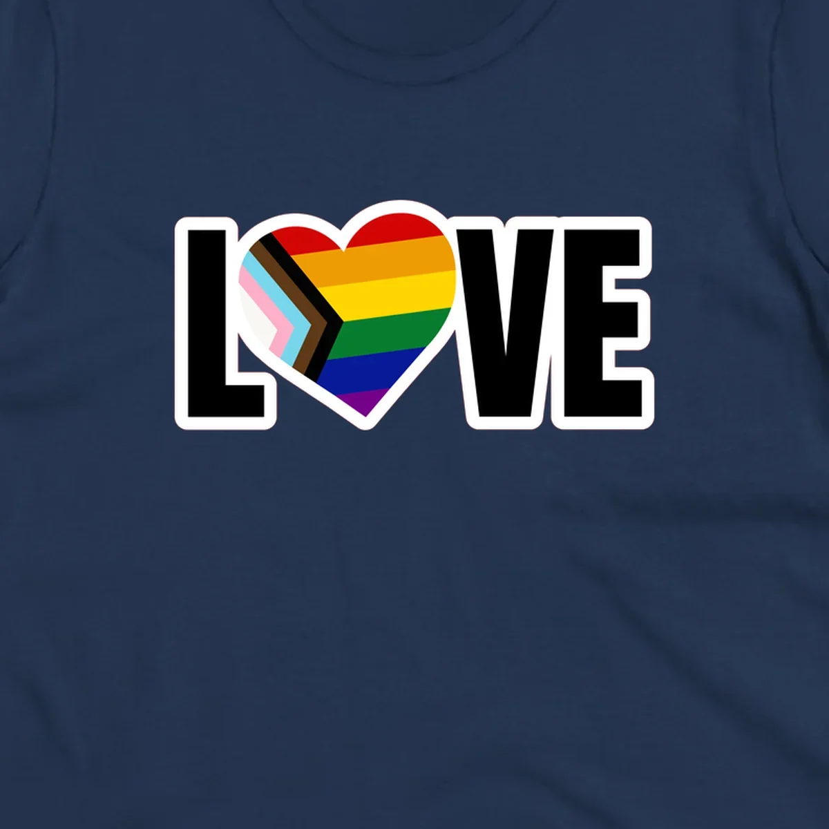 Love is love pride design featuring large black text with a rainbow heart containing the progress pride flag chevron stripes