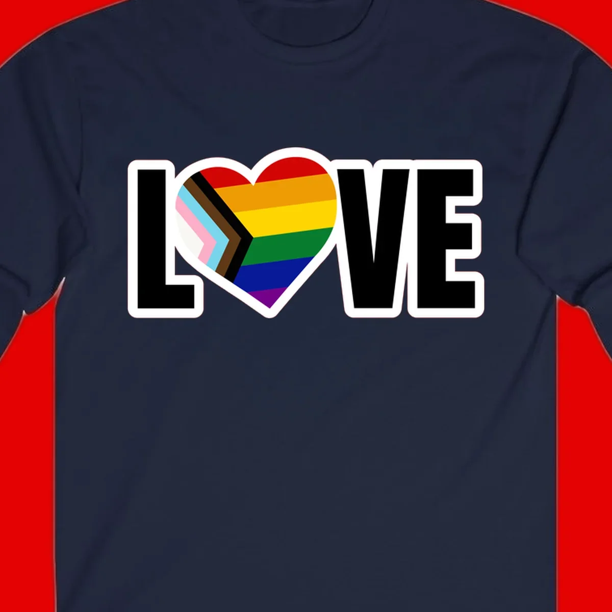 Love is love pride design featuring large black text with a rainbow heart containing the progress pride flag chevron stripes