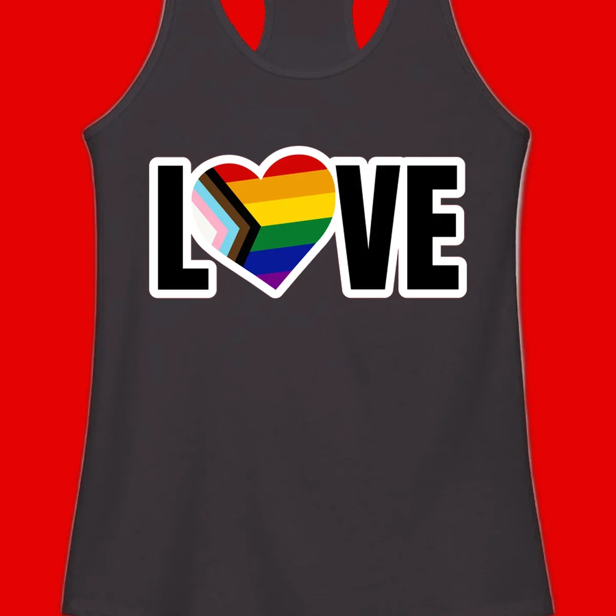 Love is love pride design featuring large black text with a rainbow heart containing the progress pride flag chevron stripes