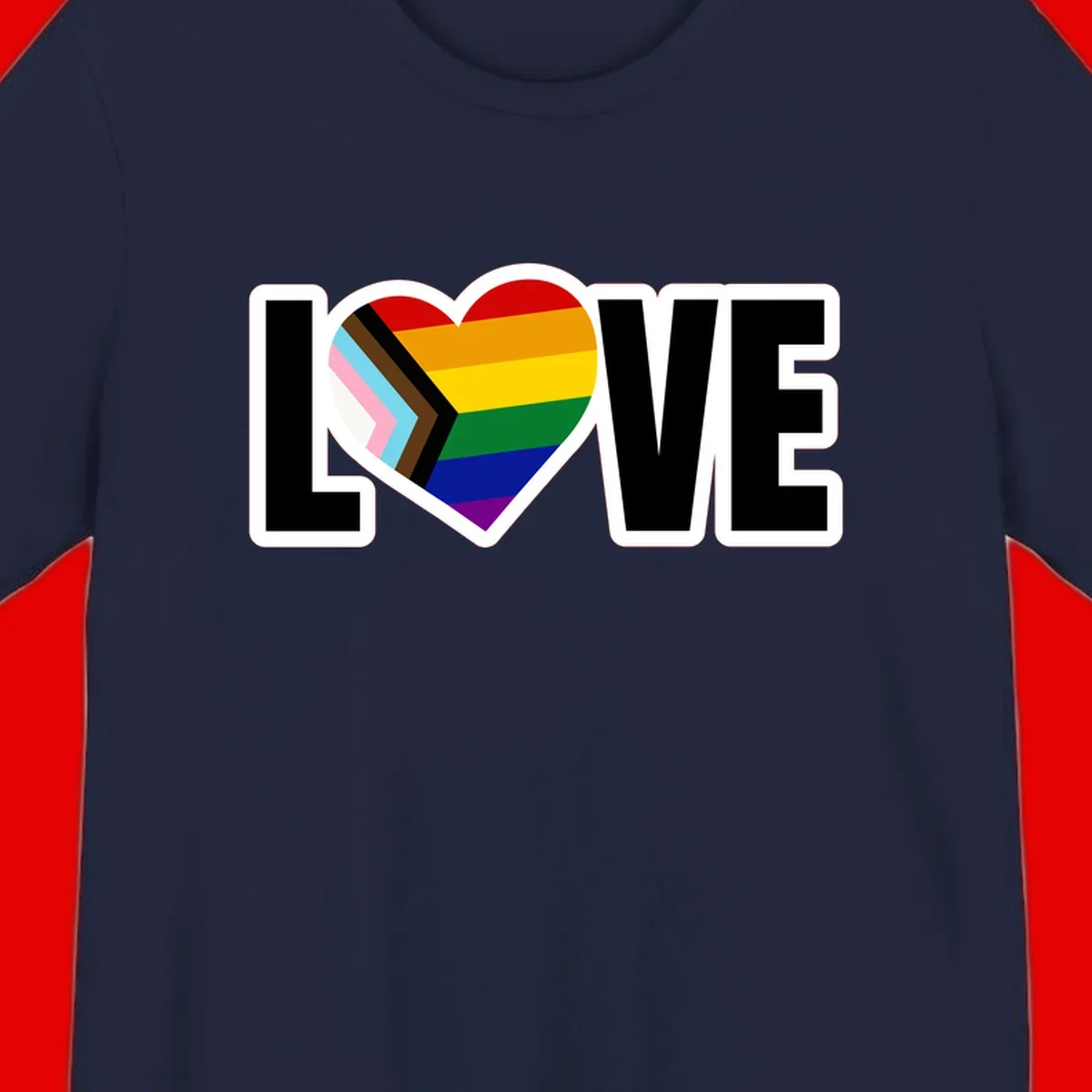 Love is love pride design featuring large black text with a rainbow heart containing the progress pride flag chevron stripes