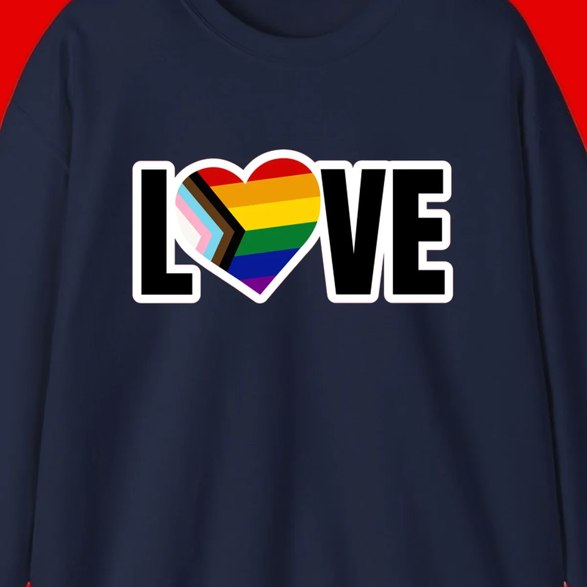 Love is love pride design featuring large black text with a rainbow heart containing the progress pride flag chevron stripes