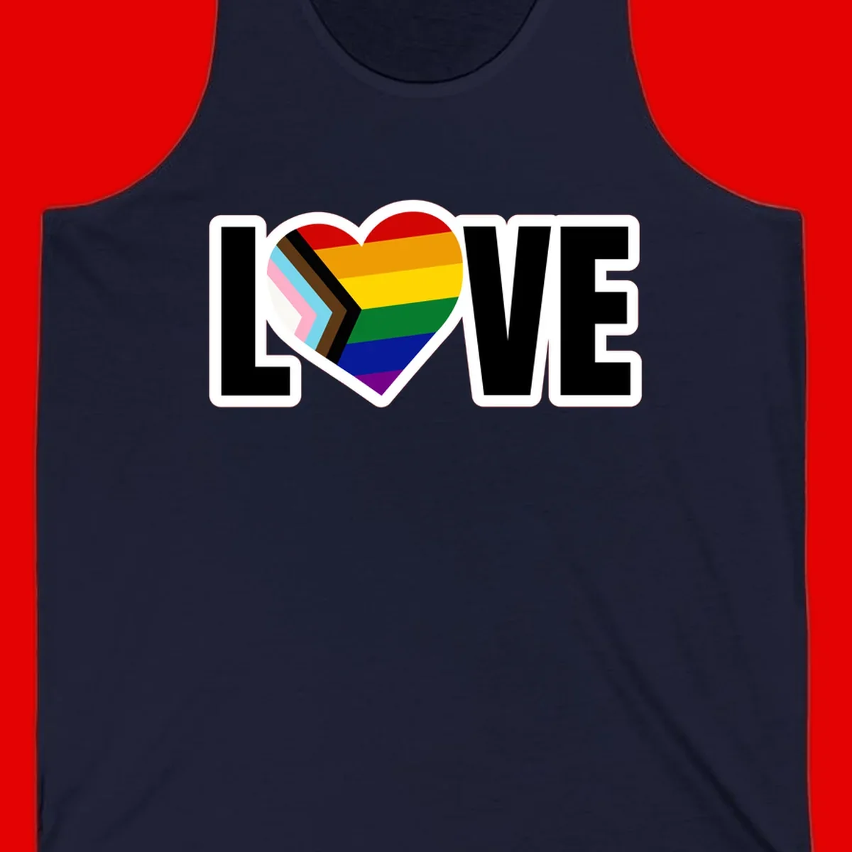 Love is love pride design featuring large black text with a rainbow heart containing the progress pride flag chevron stripes