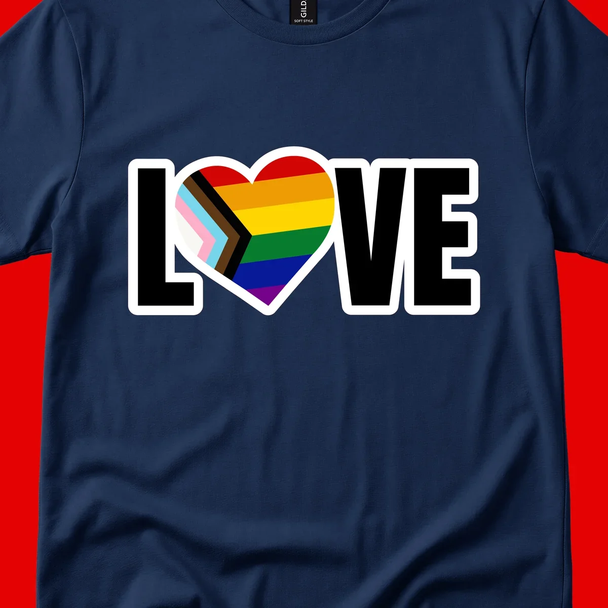 Love is love pride design featuring large black text with a rainbow heart containing the progress pride flag chevron stripes