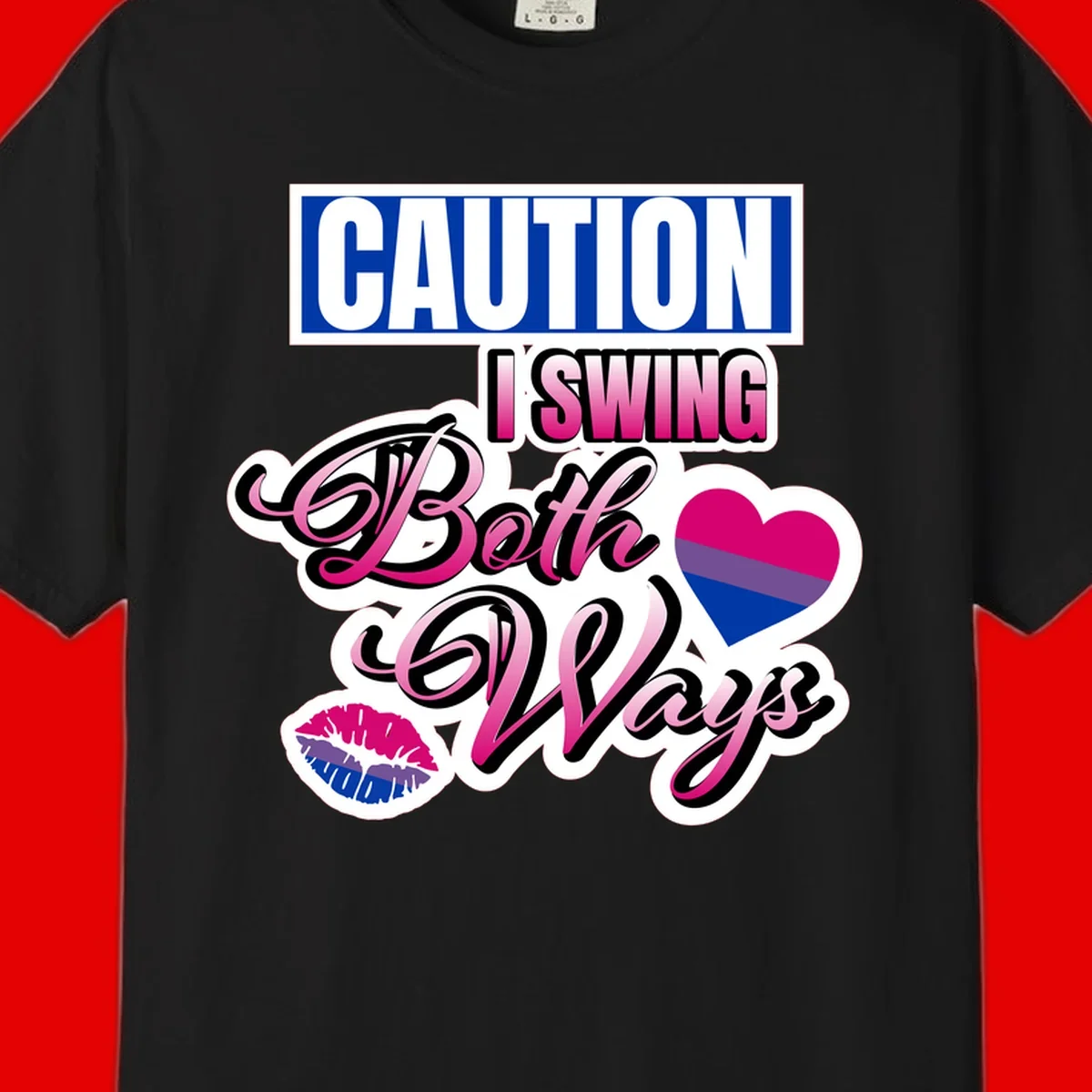 Caution swing both ways design with bisexual flag heart and lip print, blue caution banner with pink text on white background