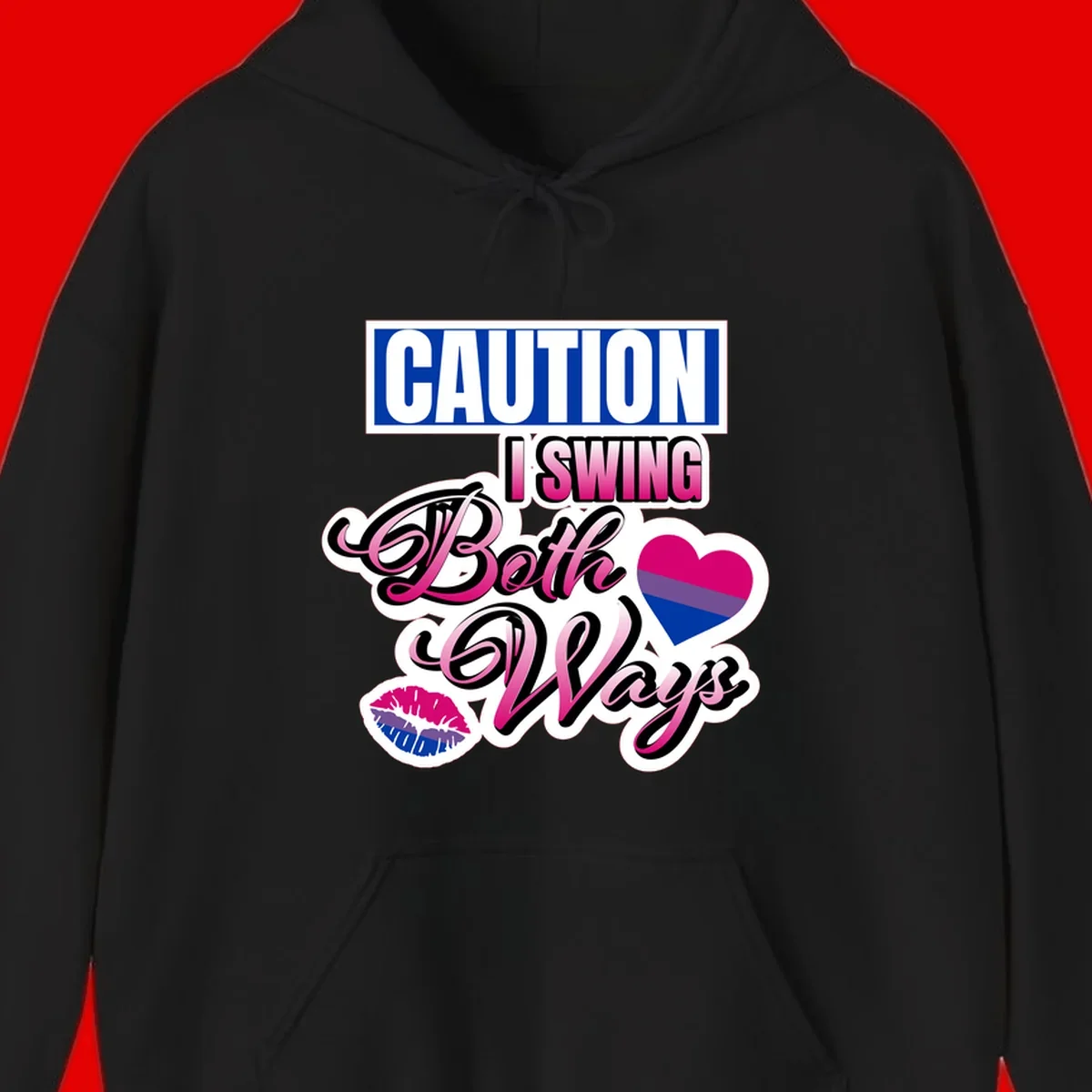 Caution swing both ways design with bisexual flag heart and lip print, blue caution banner with pink text on white background