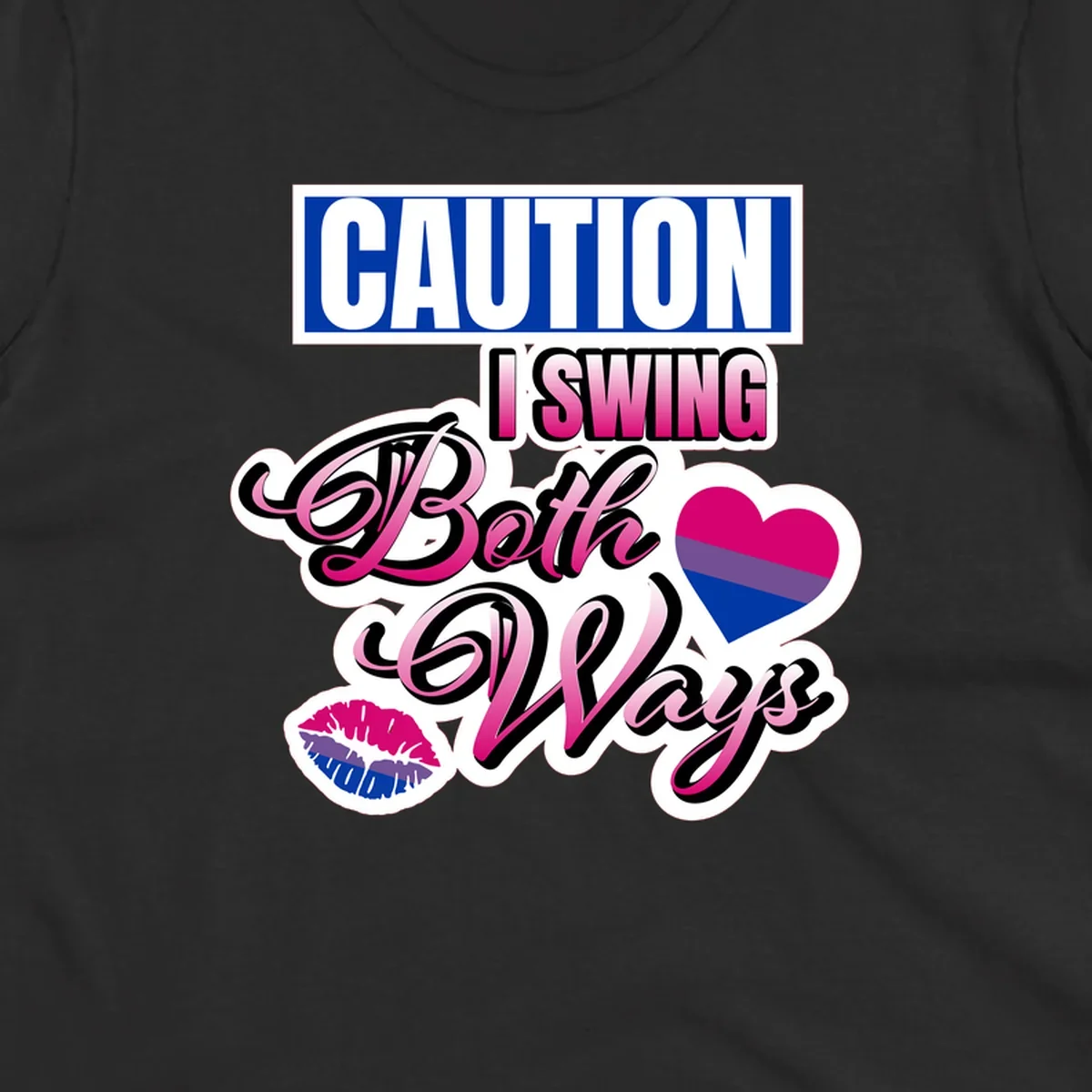 Caution swing both ways design with bisexual flag heart and lip print, blue caution banner with pink text on white background
