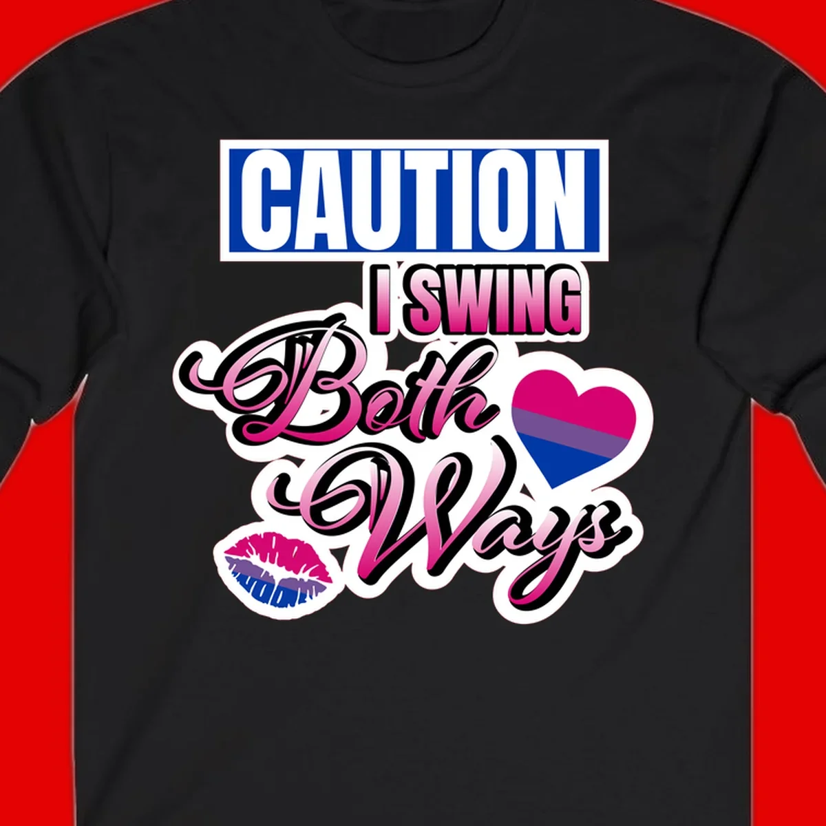 Caution swing both ways design with bisexual flag heart and lip print, blue caution banner with pink text on white background