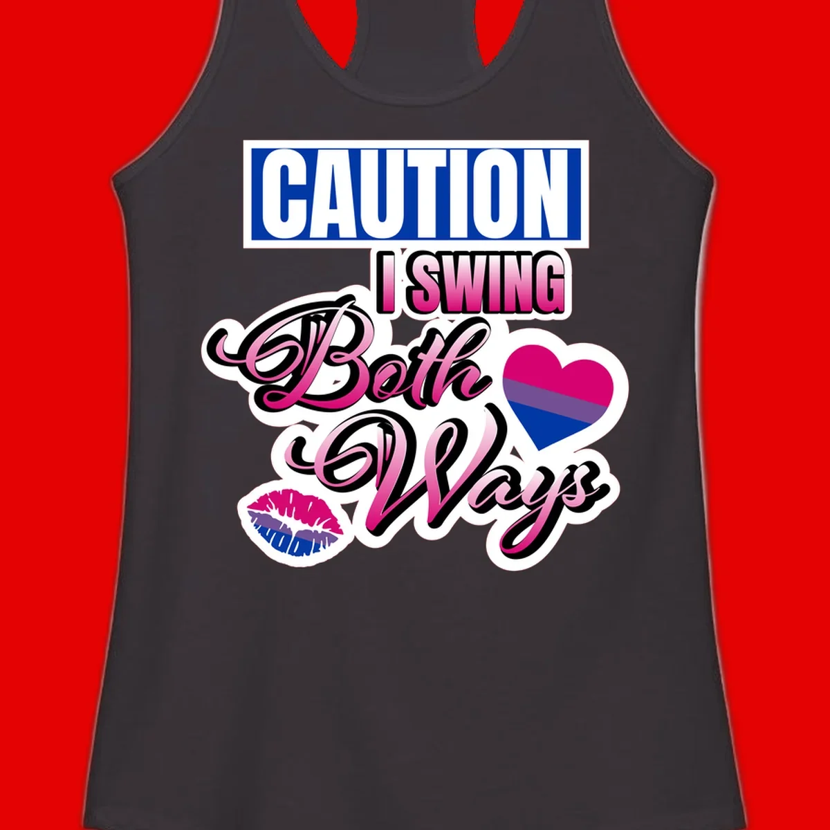 Caution swing both ways design with bisexual flag heart and lip print, blue caution banner with pink text on white background