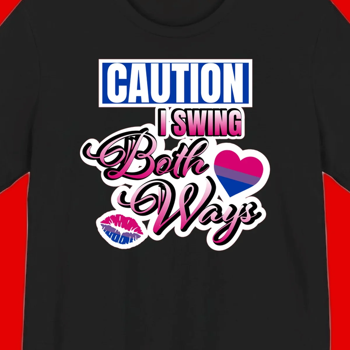 Caution swing both ways design with bisexual flag heart and lip print, blue caution banner with pink text on white background