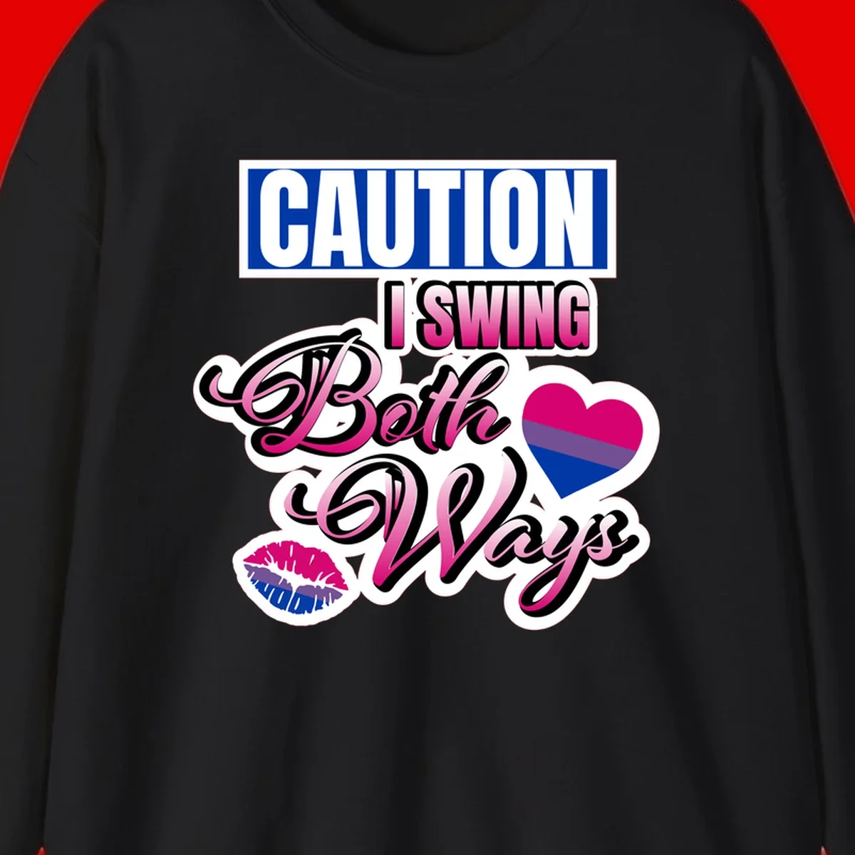 Caution swing both ways design with bisexual flag heart and lip print, blue caution banner with pink text on white background