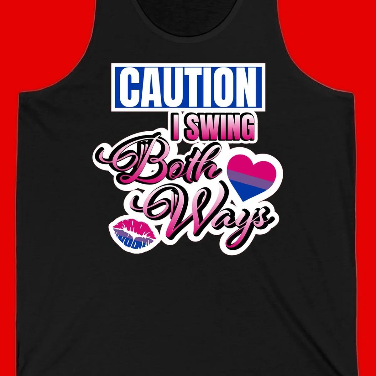 Caution swing both ways design with bisexual flag heart and lip print, blue caution banner with pink text on white background