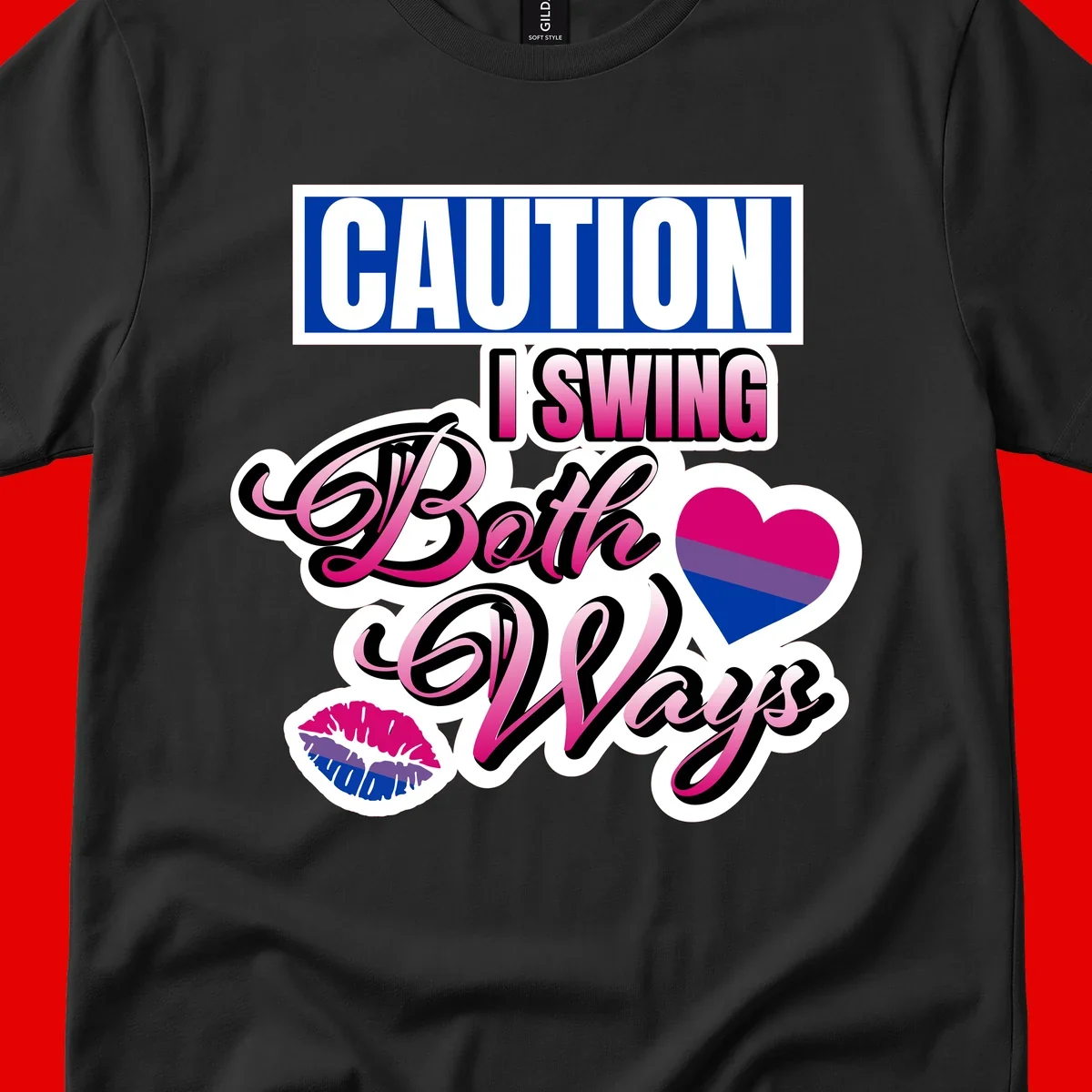 Caution swing both ways design with bisexual flag heart and lip print, blue caution banner with pink text on white background