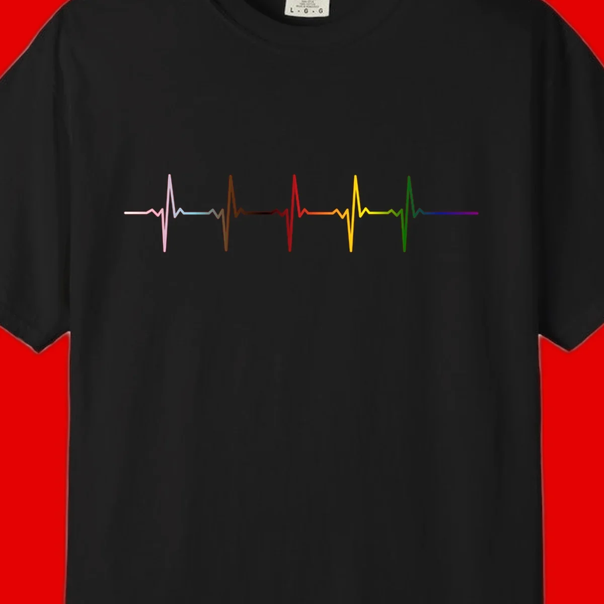 Rainbow heartbeat EKG waveform with each pulse peak in different pride colors including pink, red, yellow, green, and blue