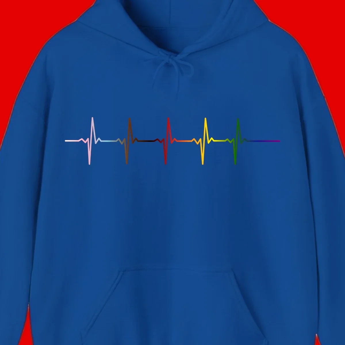 Rainbow heartbeat EKG waveform with each pulse peak in different pride colors including pink, red, yellow, green, and blue