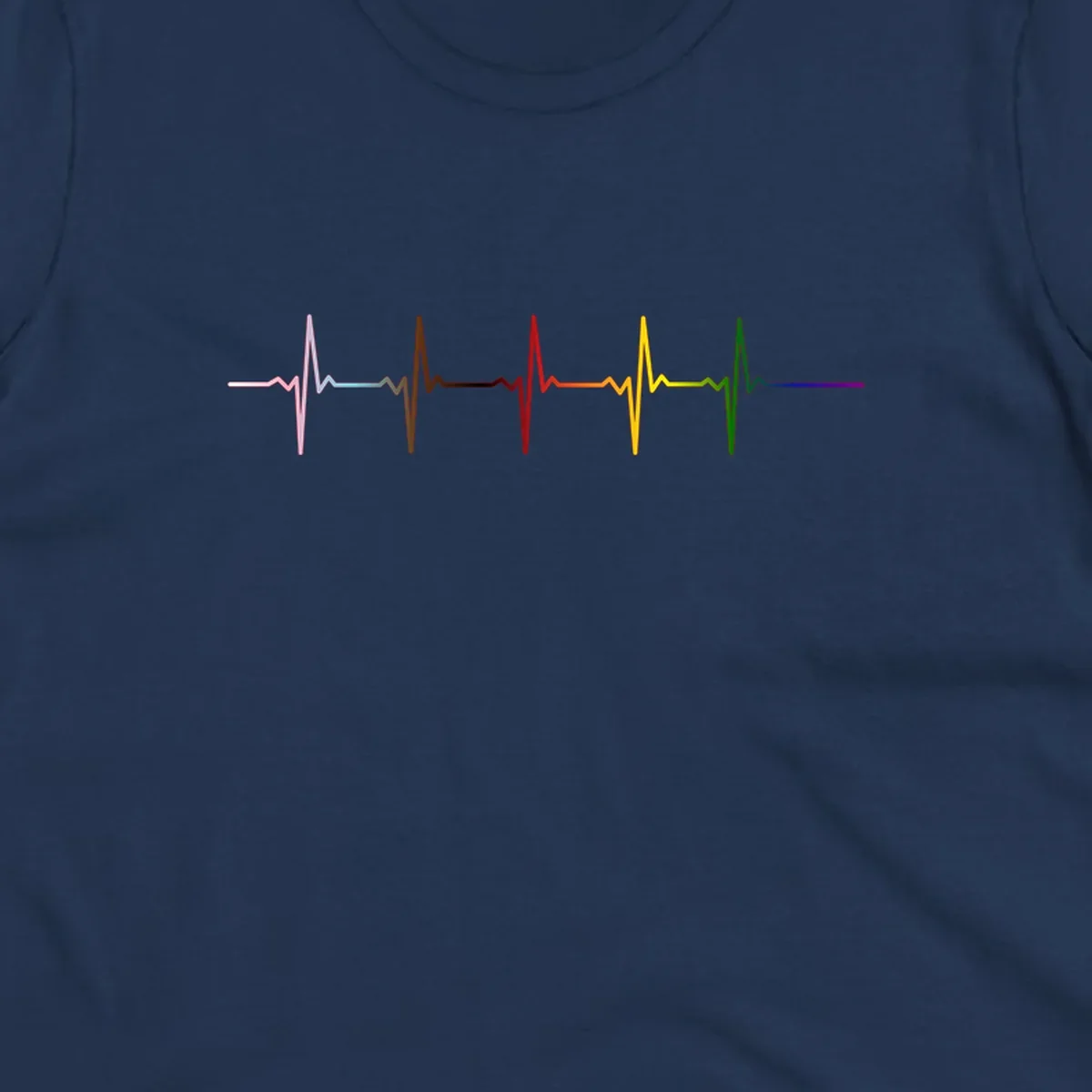 Rainbow heartbeat EKG waveform with each pulse peak in different pride colors including pink, red, yellow, green, and blue