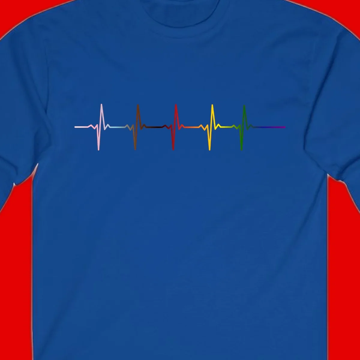 Rainbow heartbeat EKG waveform with each pulse peak in different pride colors including pink, red, yellow, green, and blue