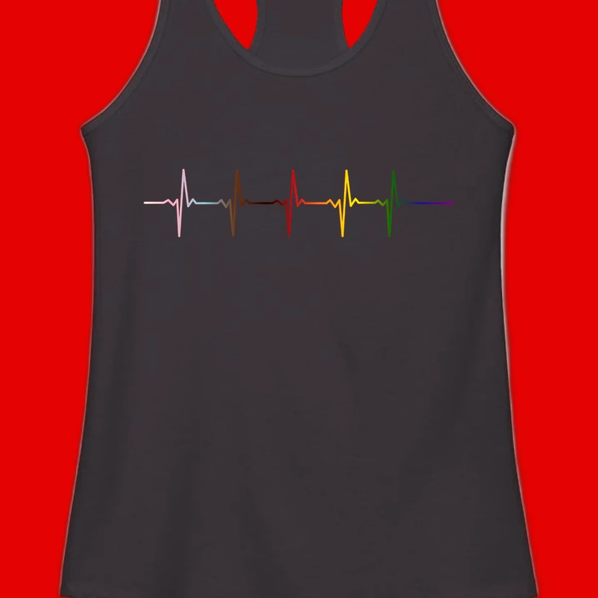 Rainbow heartbeat EKG waveform with each pulse peak in different pride colors including pink, red, yellow, green, and blue