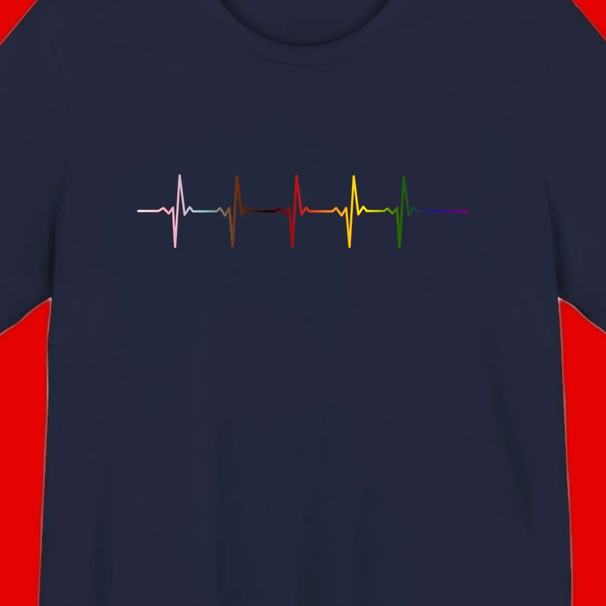 Rainbow heartbeat EKG waveform with each pulse peak in different pride colors including pink, red, yellow, green, and blue
