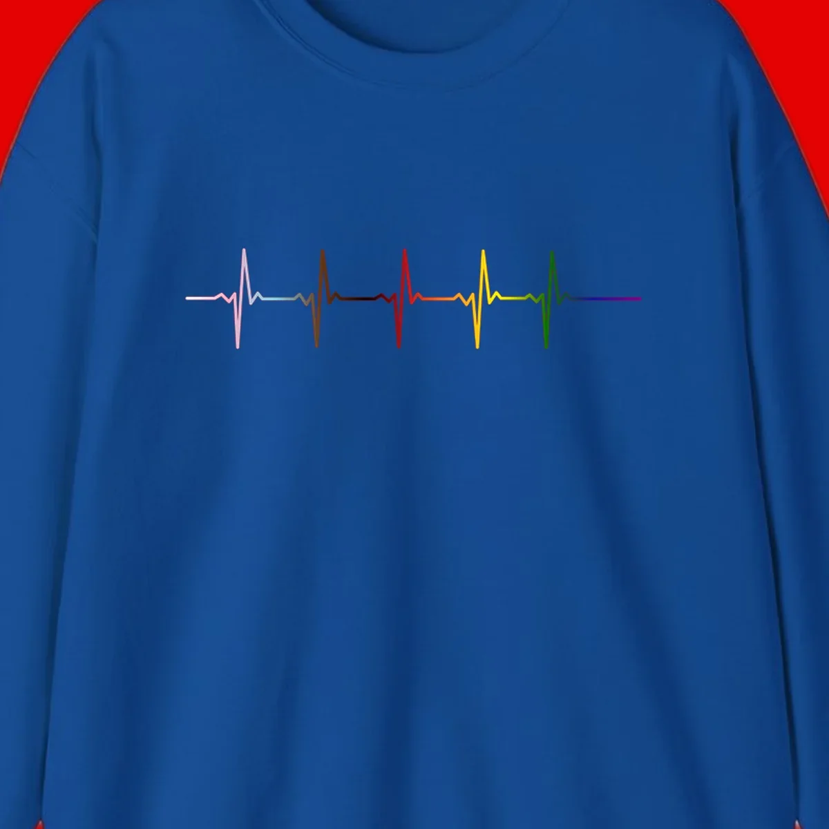 Rainbow heartbeat EKG waveform with each pulse peak in different pride colors including pink, red, yellow, green, and blue
