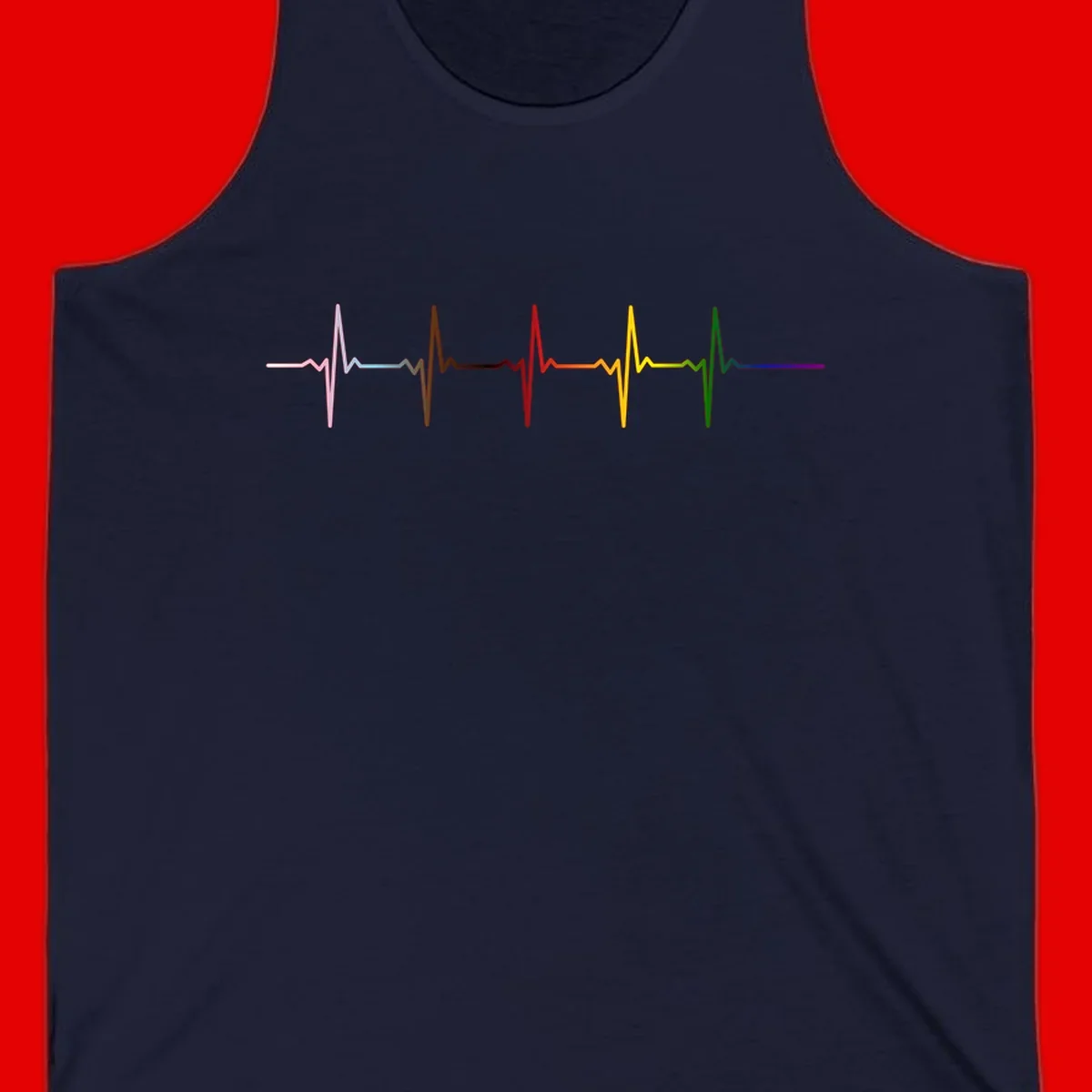 Rainbow heartbeat EKG waveform with each pulse peak in different pride colors including pink, red, yellow, green, and blue
