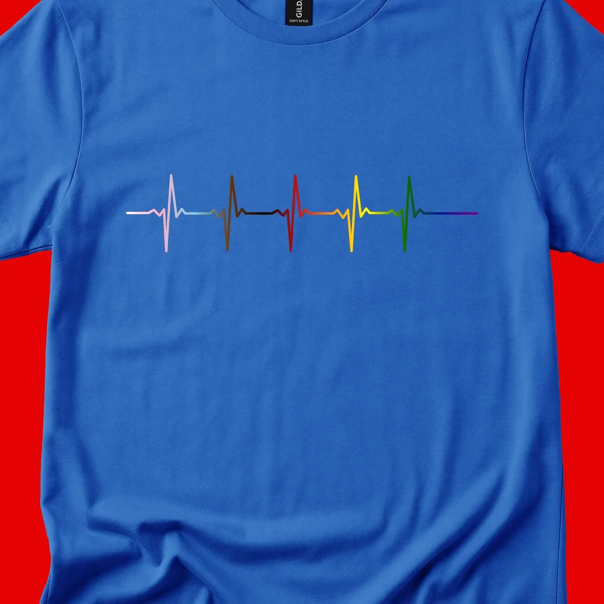 Rainbow heartbeat EKG waveform with each pulse peak in different pride colors including pink, red, yellow, green, and blue