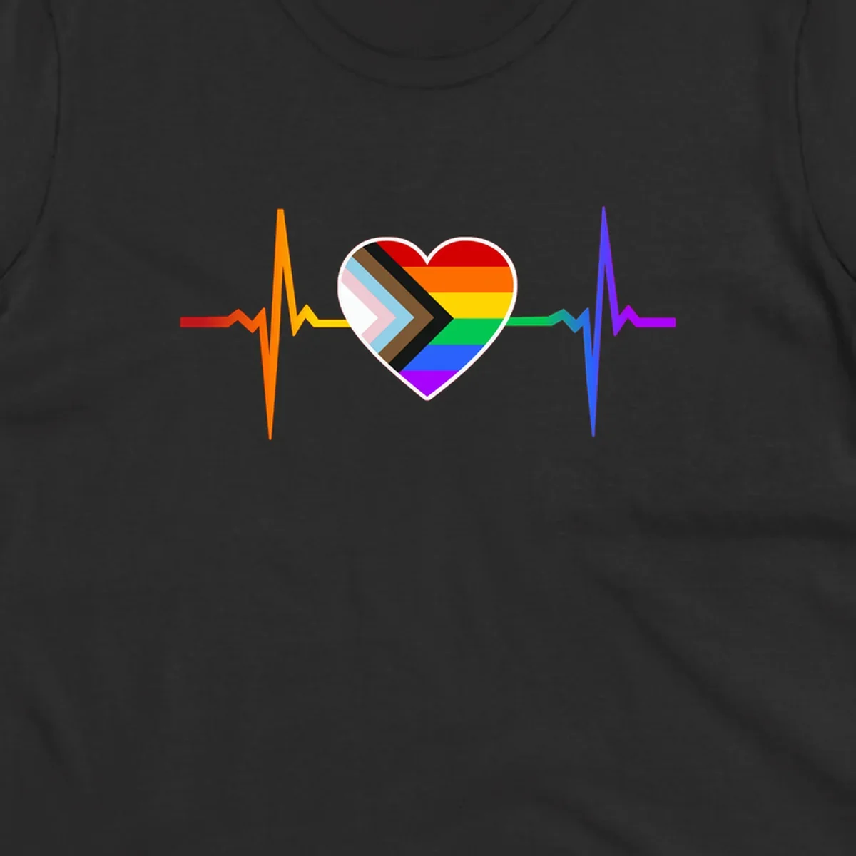 Progress pride heartbeat design featuring a rainbow heart with progress chevron arrow and electrocardiogram pulse line