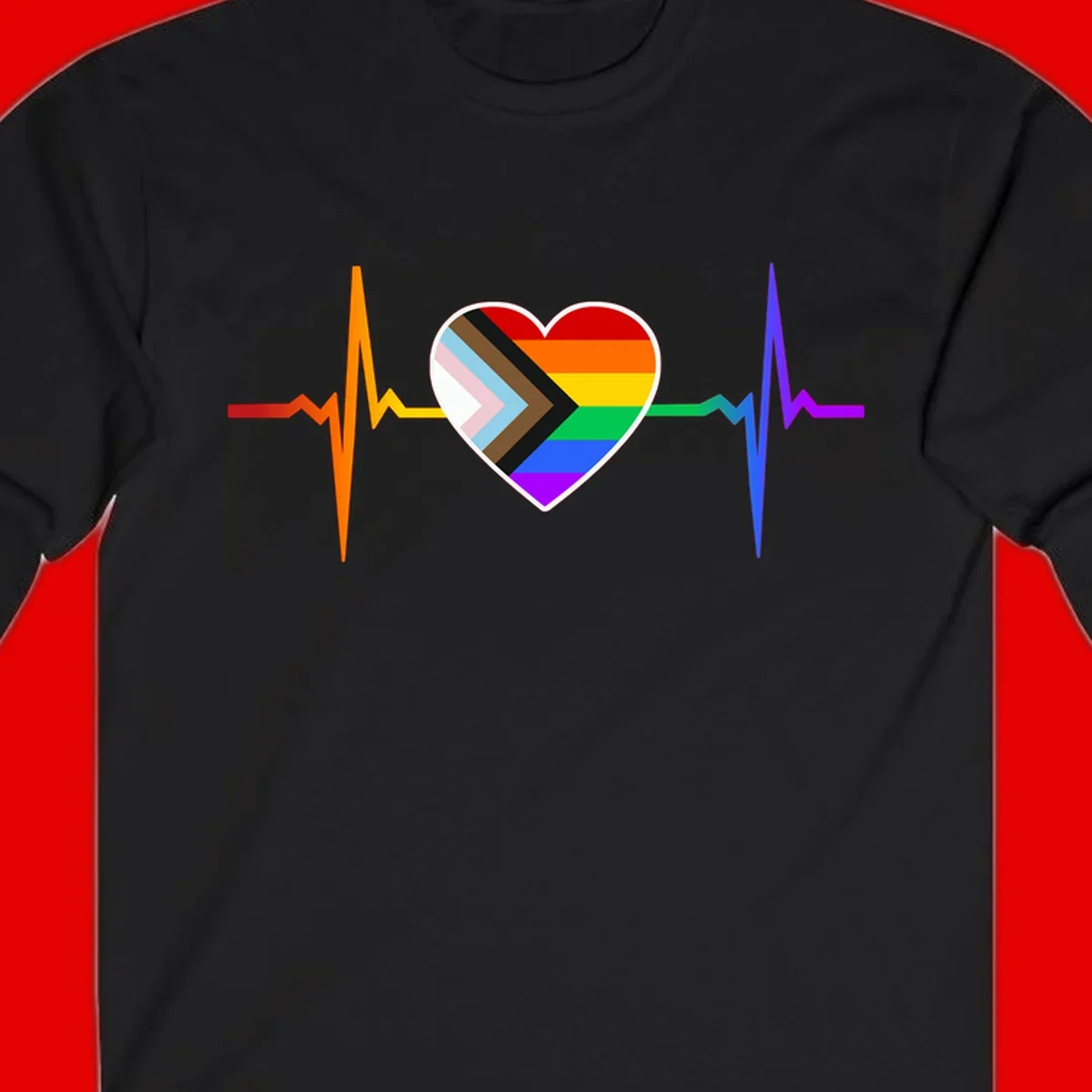 Progress pride heartbeat design featuring a rainbow heart with progress chevron arrow and electrocardiogram pulse line