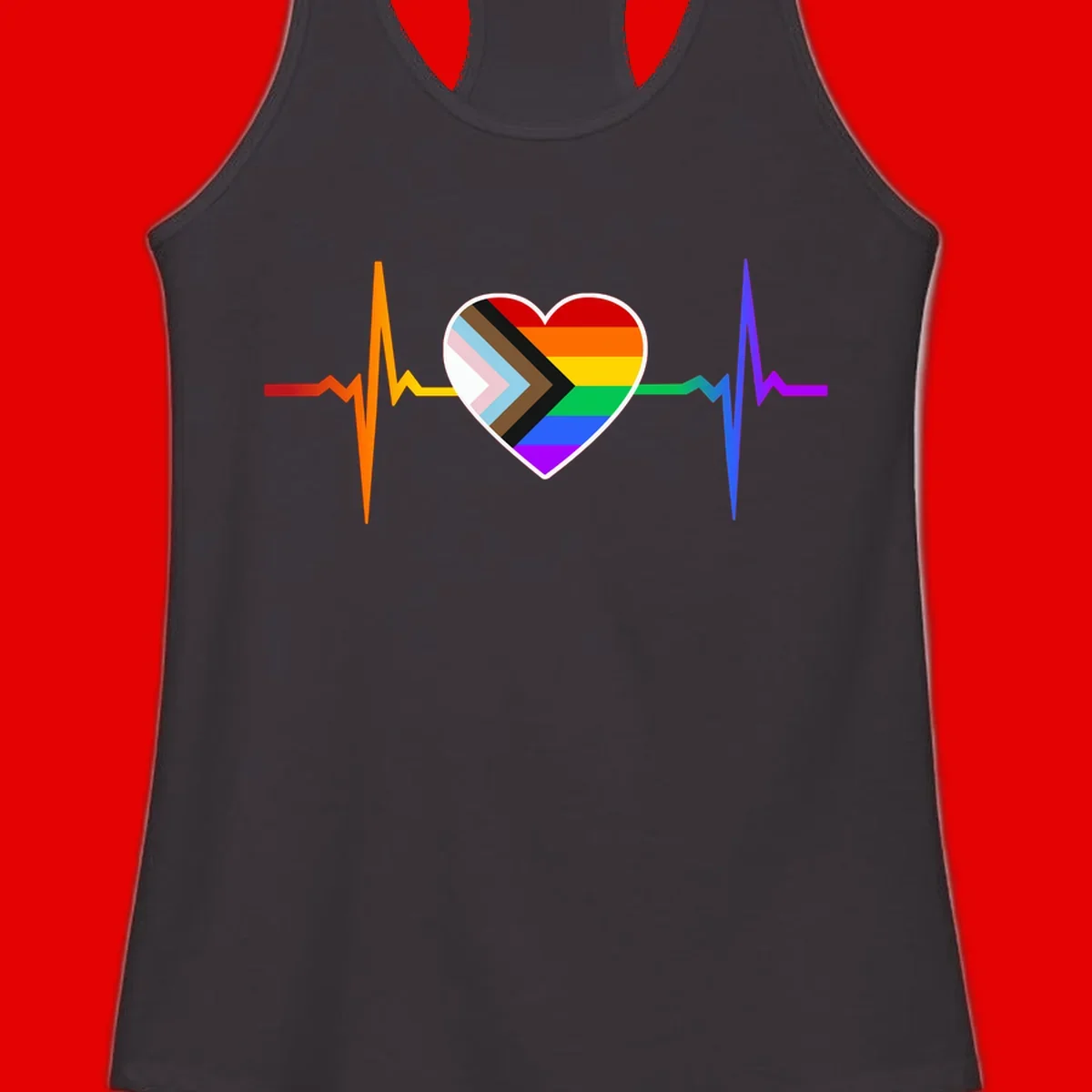Progress pride heartbeat design featuring a rainbow heart with progress chevron arrow and electrocardiogram pulse line