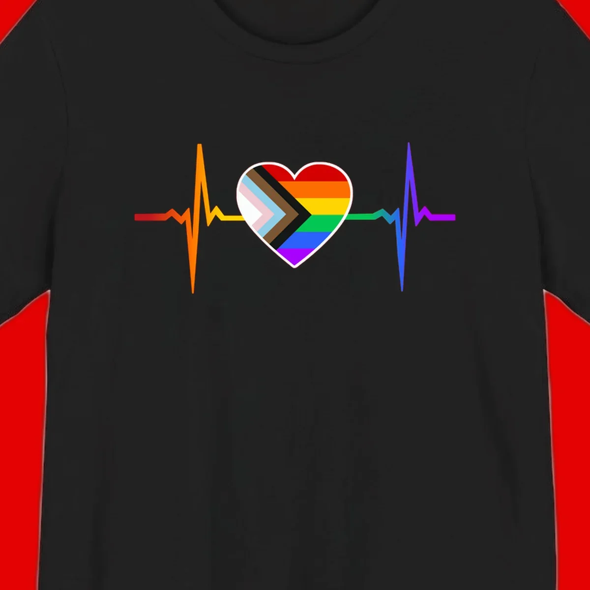 Progress pride heartbeat design featuring a rainbow heart with progress chevron arrow and electrocardiogram pulse line