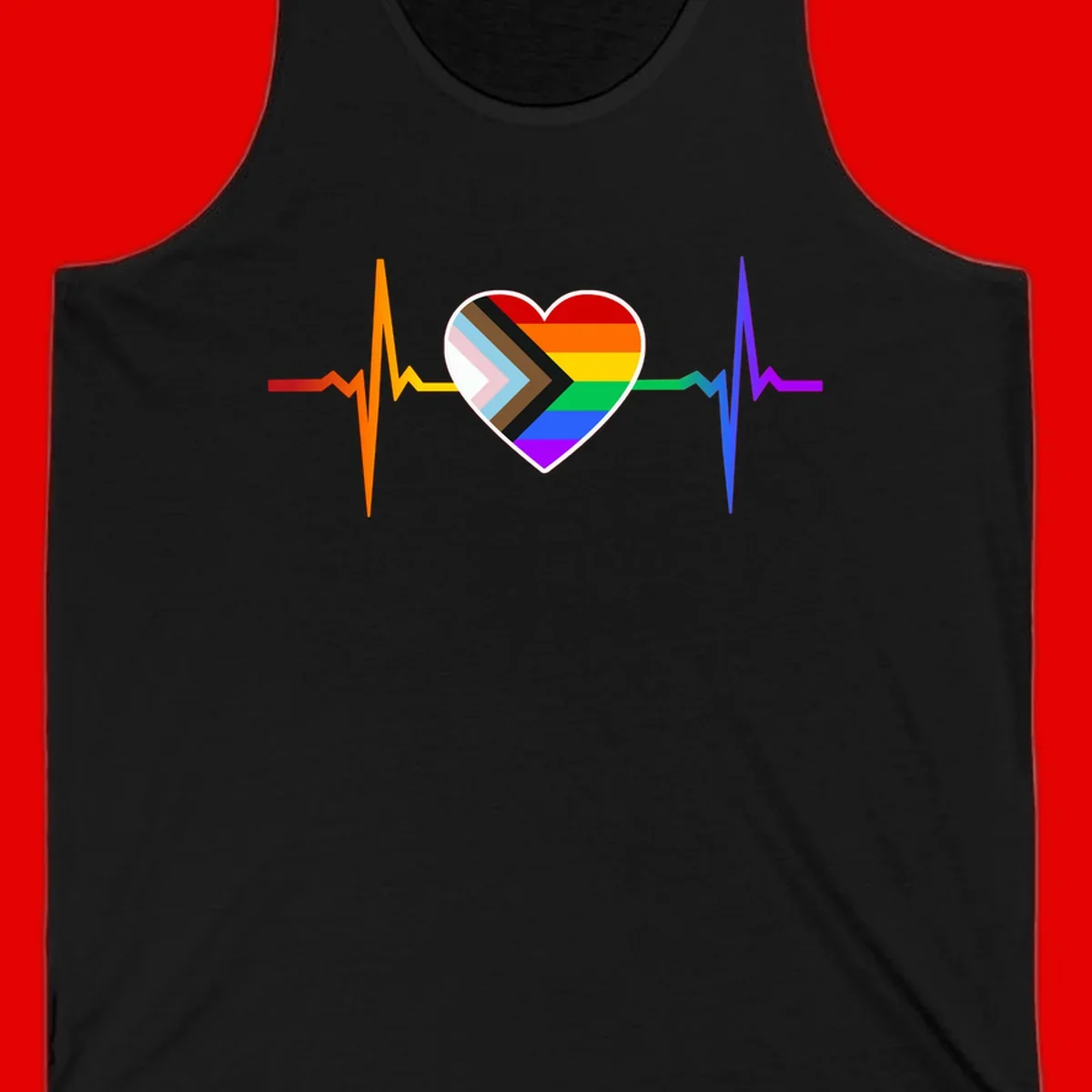 Progress pride heartbeat design featuring a rainbow heart with progress chevron arrow and electrocardiogram pulse line