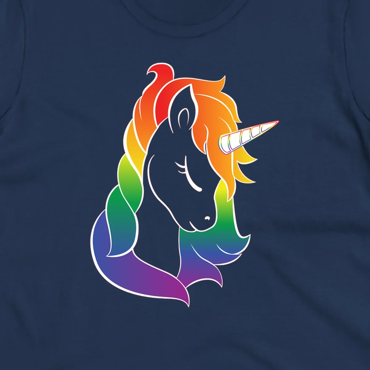 Rainbow pride unicorn illustration with gray head, multicolor mane and tail, and spiral horn in red, orange, yellow, green, blue, and purple