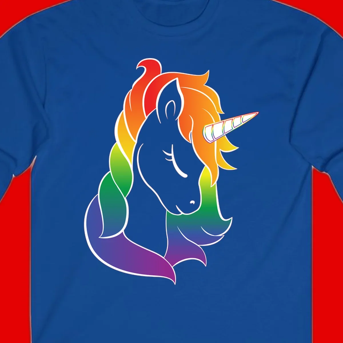 Rainbow pride unicorn illustration with gray head, multicolor mane and tail, and spiral horn in red, orange, yellow, green, blue, and purple