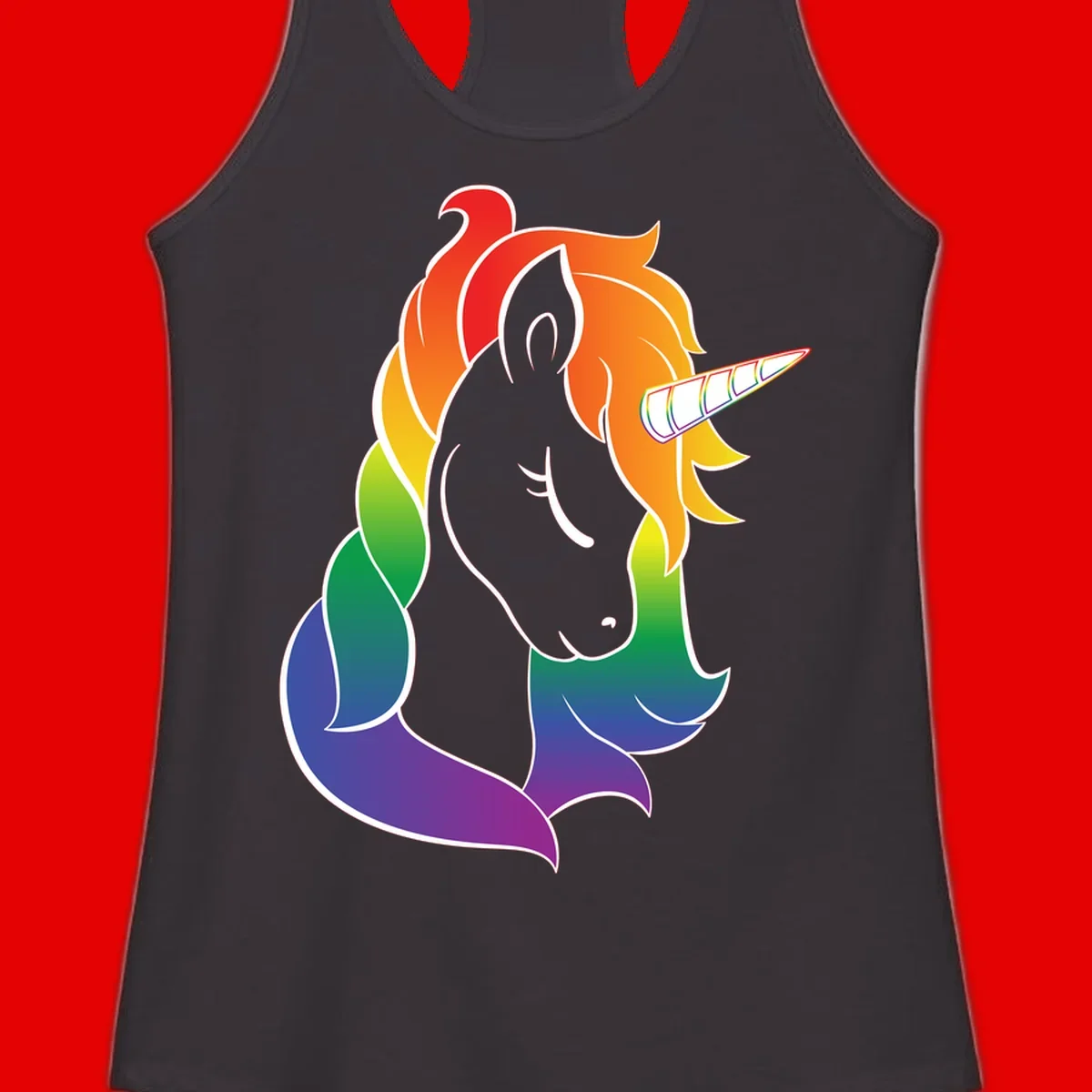 Rainbow pride unicorn illustration with gray head, multicolor mane and tail, and spiral horn in red, orange, yellow, green, blue, and purple
