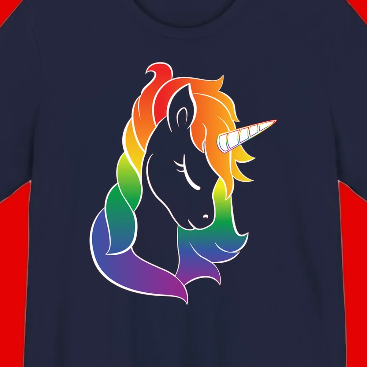 Rainbow pride unicorn illustration with gray head, multicolor mane and tail, and spiral horn in red, orange, yellow, green, blue, and purple