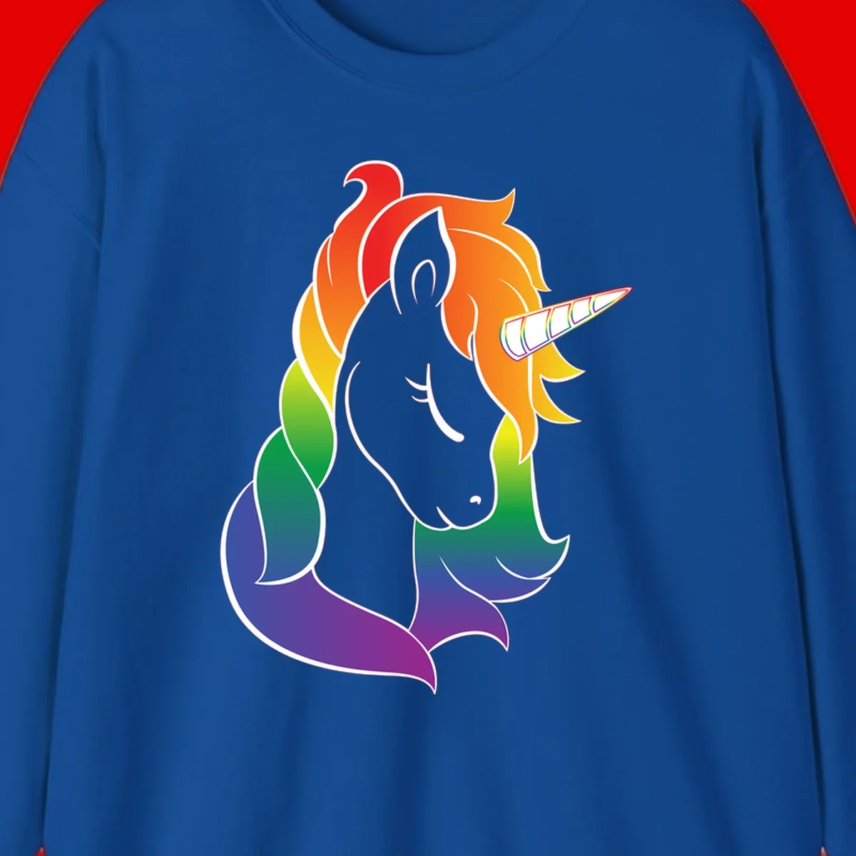 Rainbow pride unicorn illustration with gray head, multicolor mane and tail, and spiral horn in red, orange, yellow, green, blue, and purple