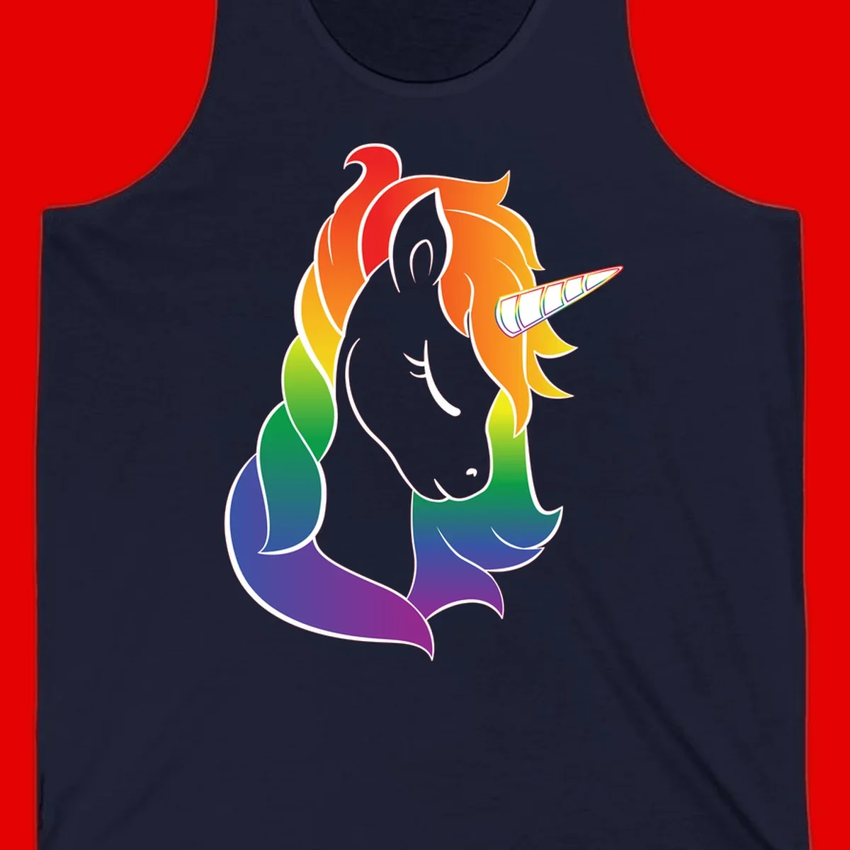Rainbow pride unicorn illustration with gray head, multicolor mane and tail, and spiral horn in red, orange, yellow, green, blue, and purple
