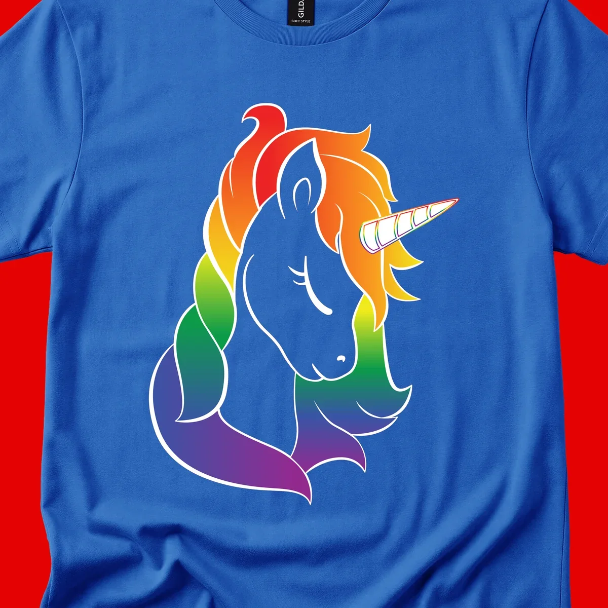 Rainbow pride unicorn illustration with gray head, multicolor mane and tail, and spiral horn in red, orange, yellow, green, blue, and purple