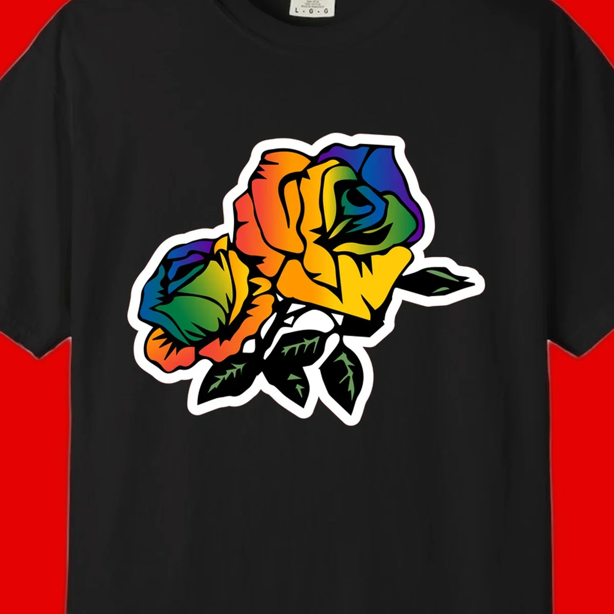 Rainbow pride rose illustration with red, orange, yellow, green, blue, and purple petals, black outline, and green leaves on white background