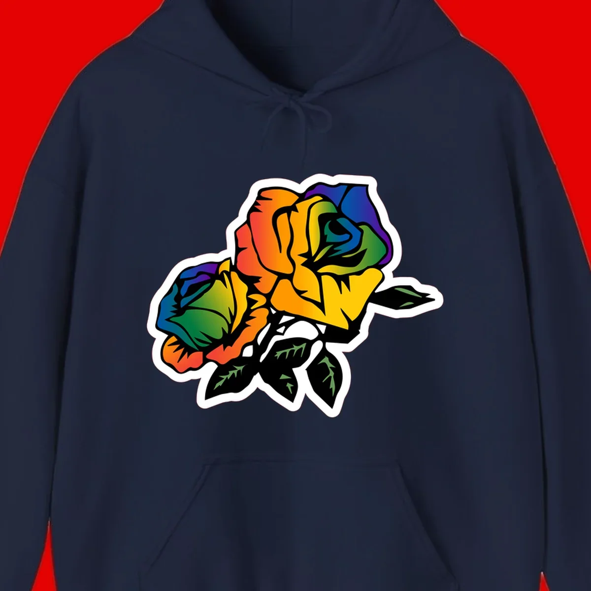Rainbow pride rose illustration with red, orange, yellow, green, blue, and purple petals, black outline, and green leaves on white background