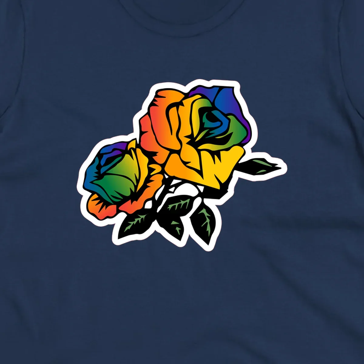 Rainbow pride rose illustration with red, orange, yellow, green, blue, and purple petals, black outline, and green leaves on white background
