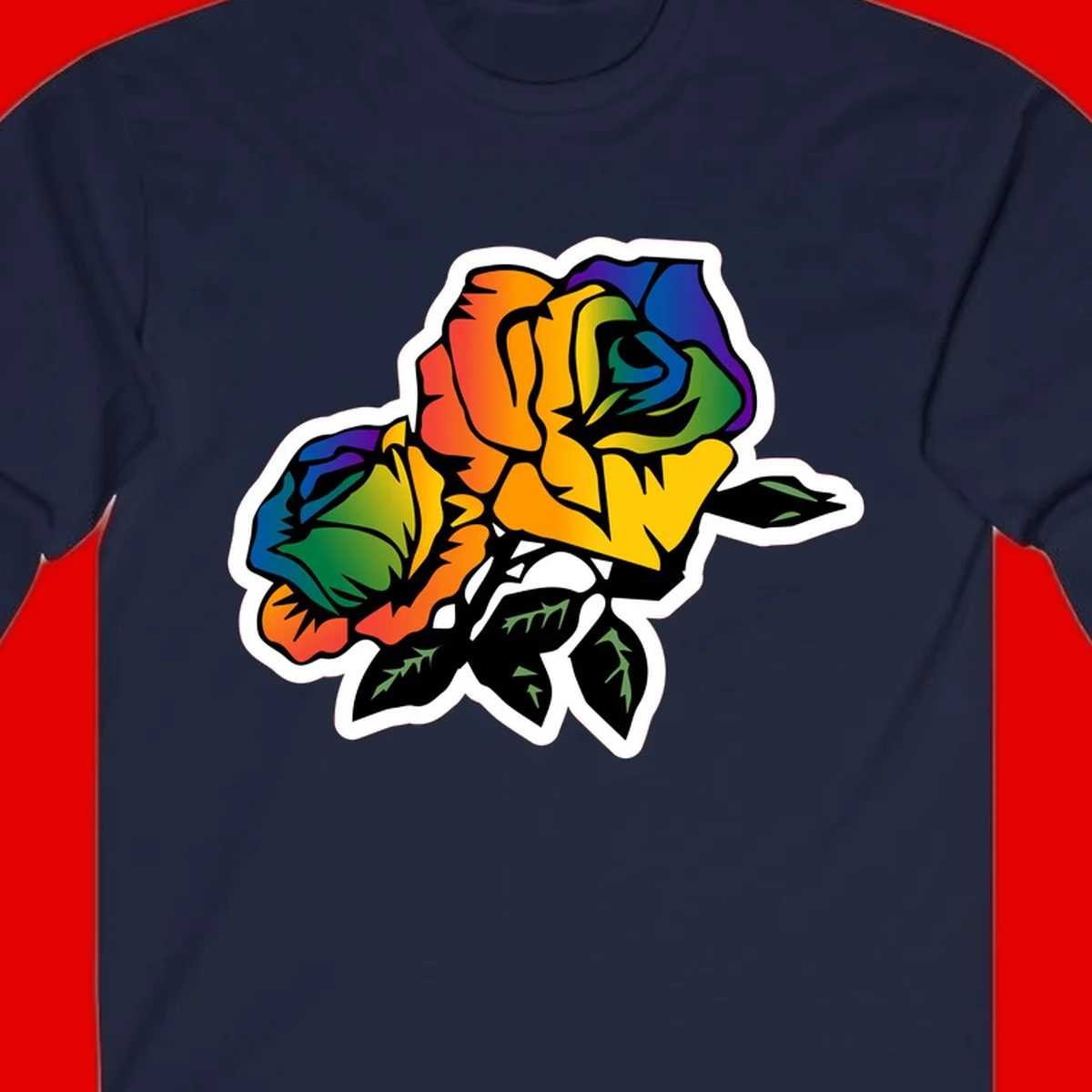Rainbow pride rose illustration with red, orange, yellow, green, blue, and purple petals, black outline, and green leaves on white background