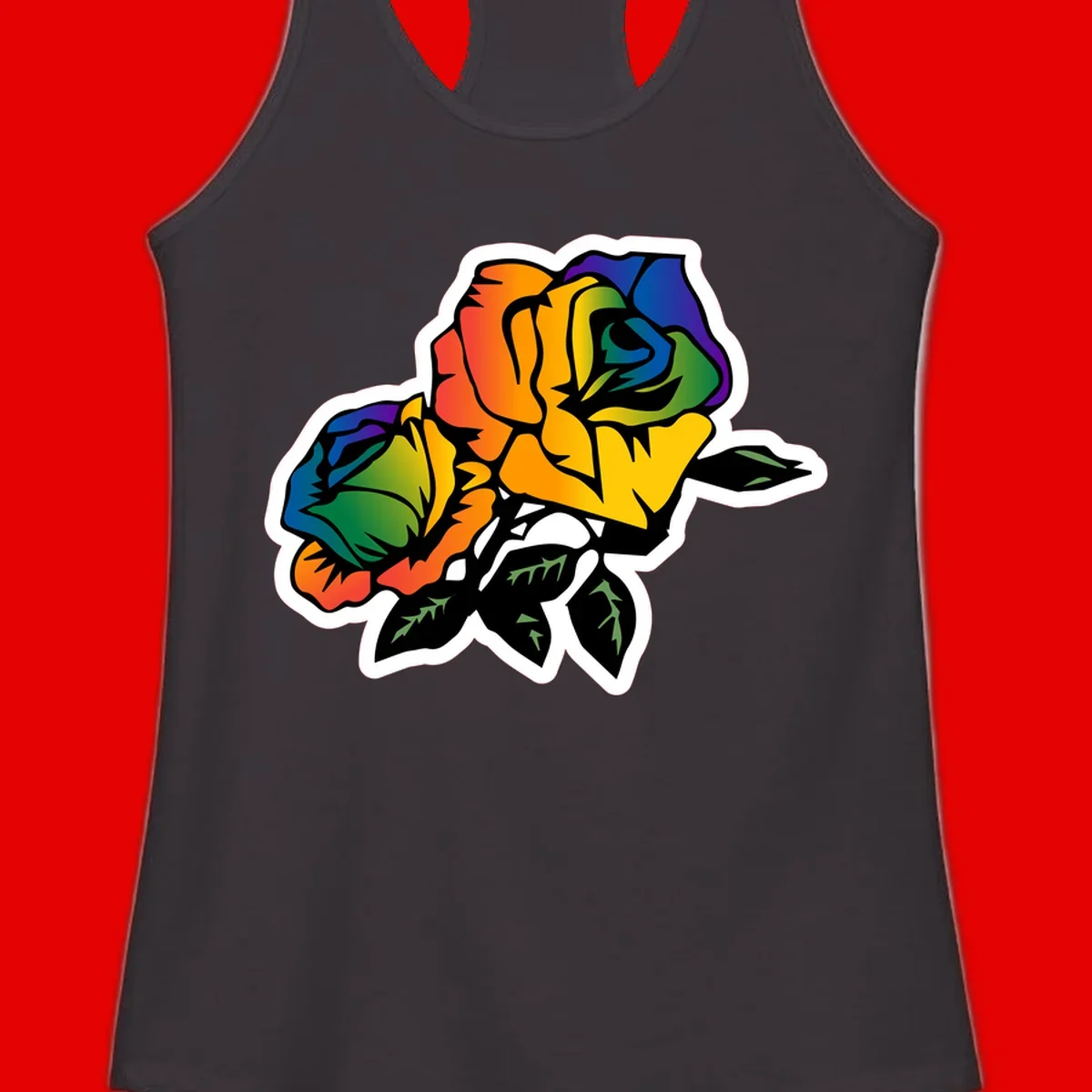 Rainbow pride rose illustration with red, orange, yellow, green, blue, and purple petals, black outline, and green leaves on white background