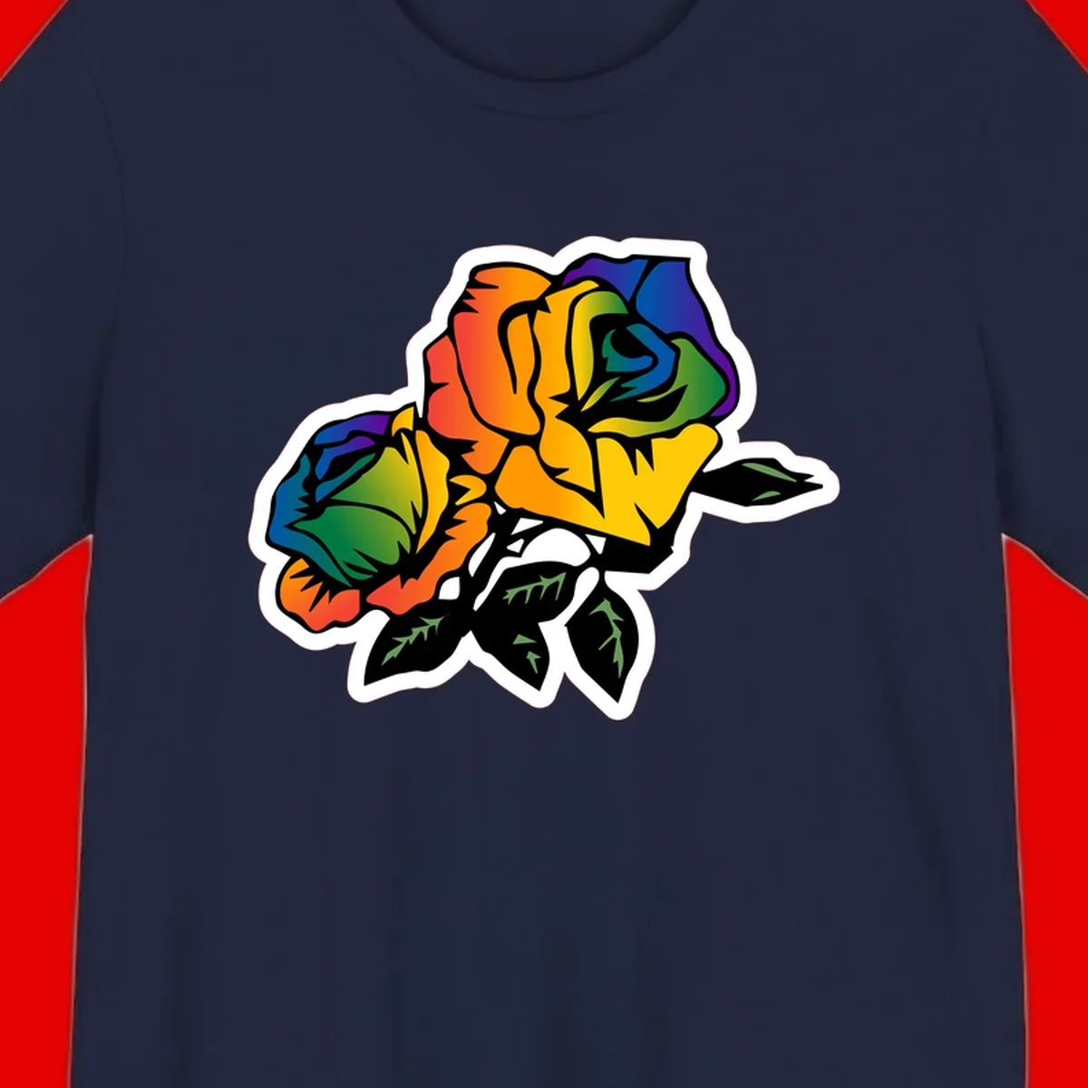 Rainbow pride rose illustration with red, orange, yellow, green, blue, and purple petals, black outline, and green leaves on white background