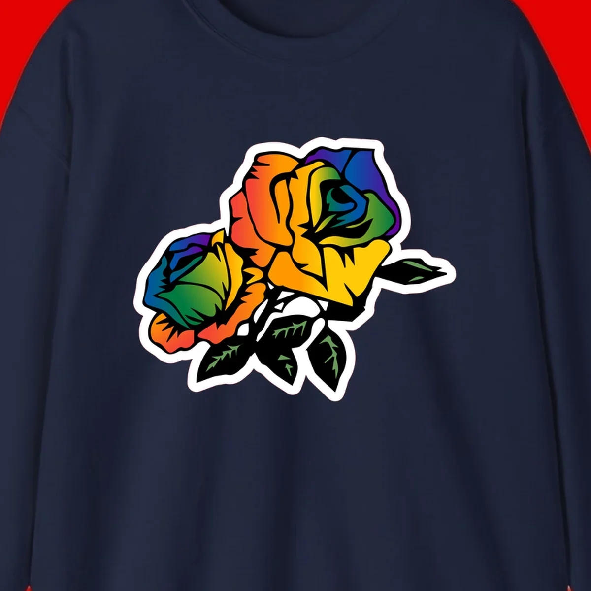 Rainbow pride rose illustration with red, orange, yellow, green, blue, and purple petals, black outline, and green leaves on white background