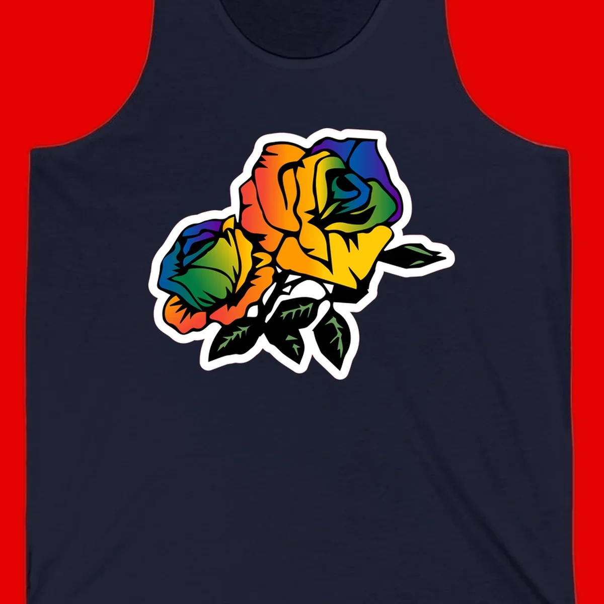 Rainbow pride rose illustration with red, orange, yellow, green, blue, and purple petals, black outline, and green leaves on white background
