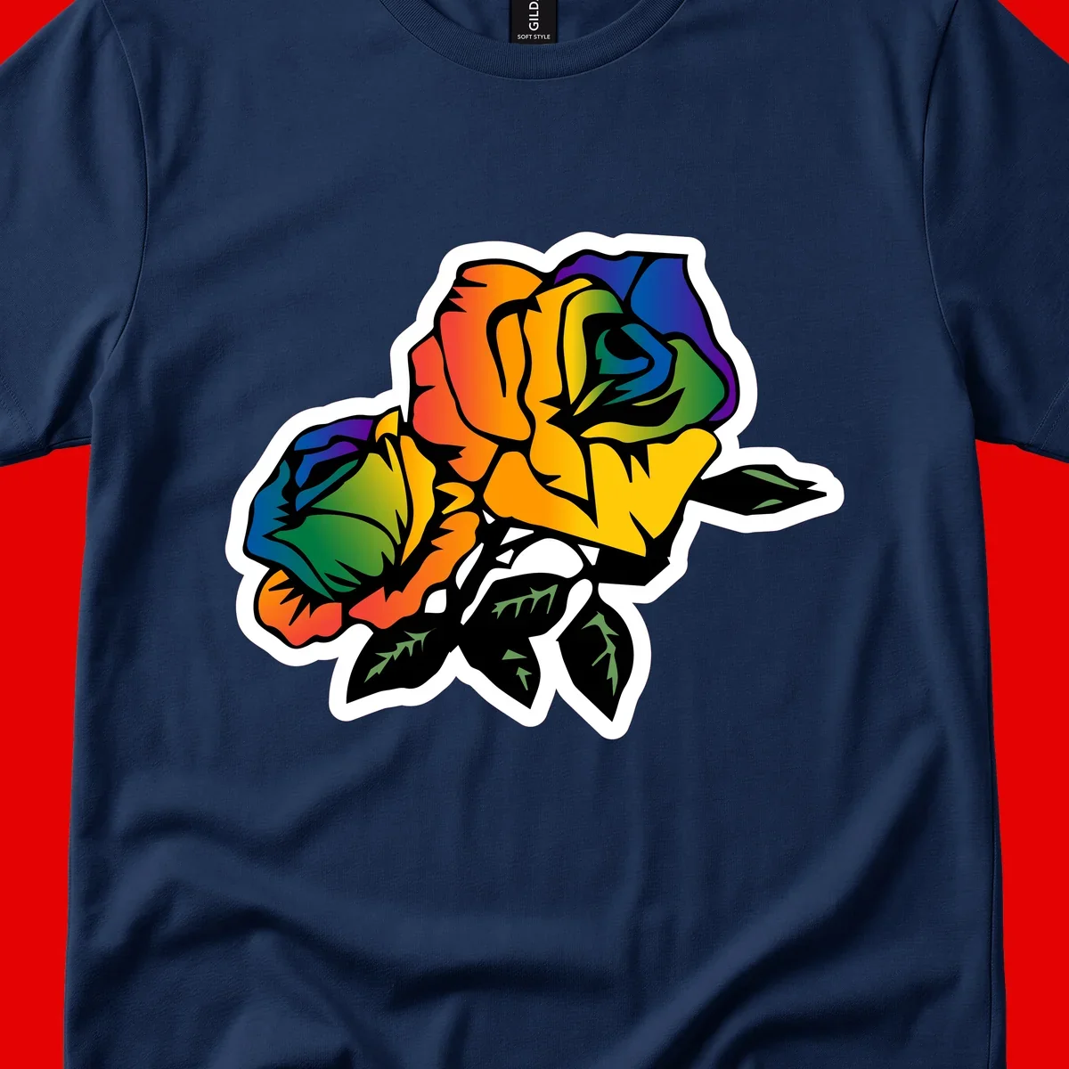 Rainbow pride rose illustration with red, orange, yellow, green, blue, and purple petals, black outline, and green leaves on white background