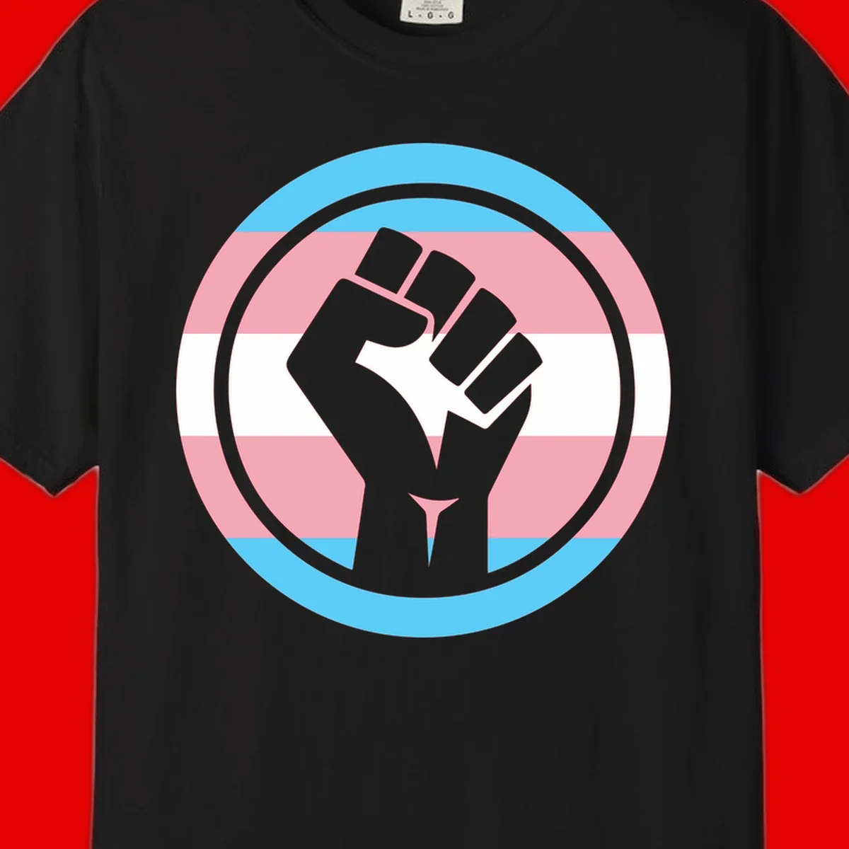Gray raised fist inside circular badge with trans pride flag stripes in cyan, pink, and white horizontal bands