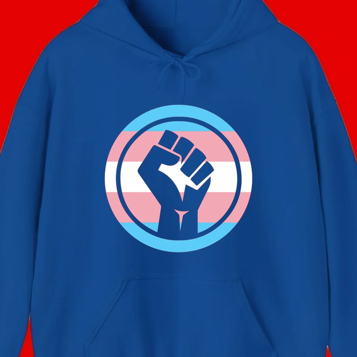 Gray raised fist inside circular badge with trans pride flag stripes in cyan, pink, and white horizontal bands